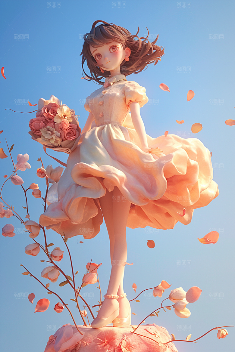 手捧鲜花的少女模型青春素材