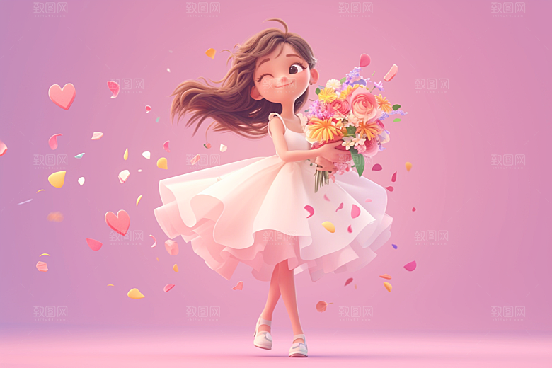 手捧鲜花的少女清新梦幻素材