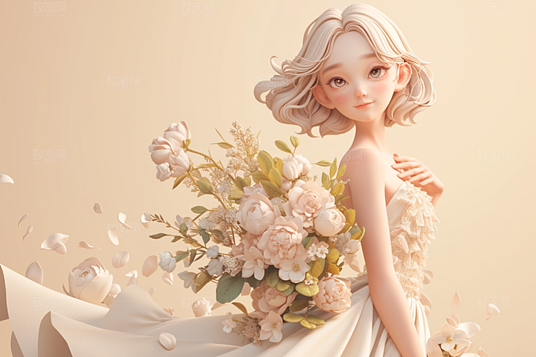 手捧鲜花的少女春天花朵素材