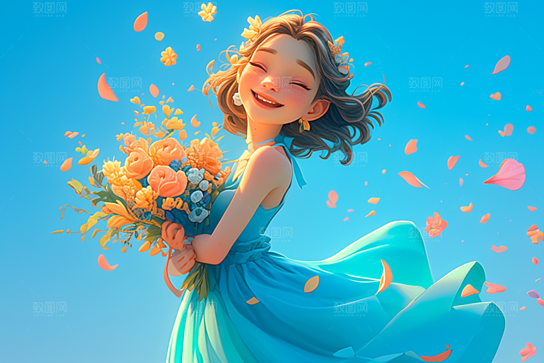 手捧鲜花的少女春天自然素材