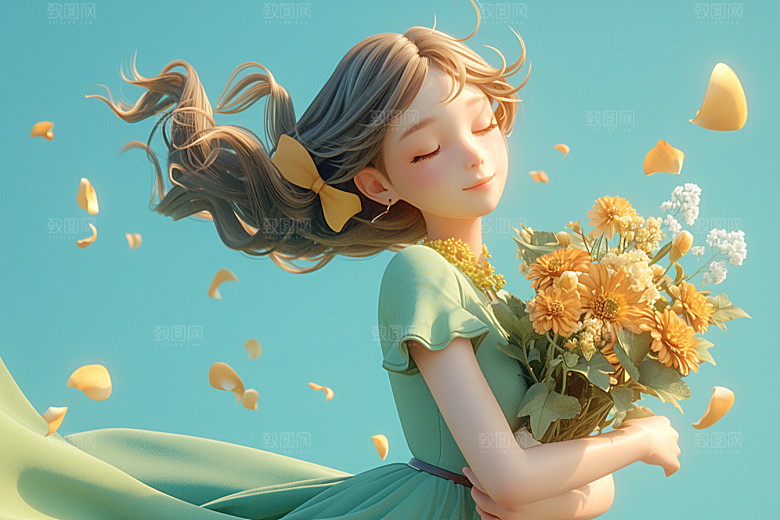 手捧鲜花的少女梦幻烂漫素材