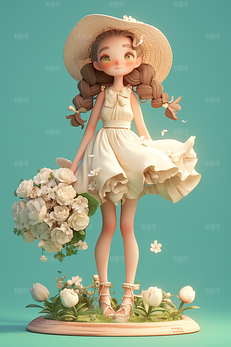 手捧鲜花的少女肖像自然素材