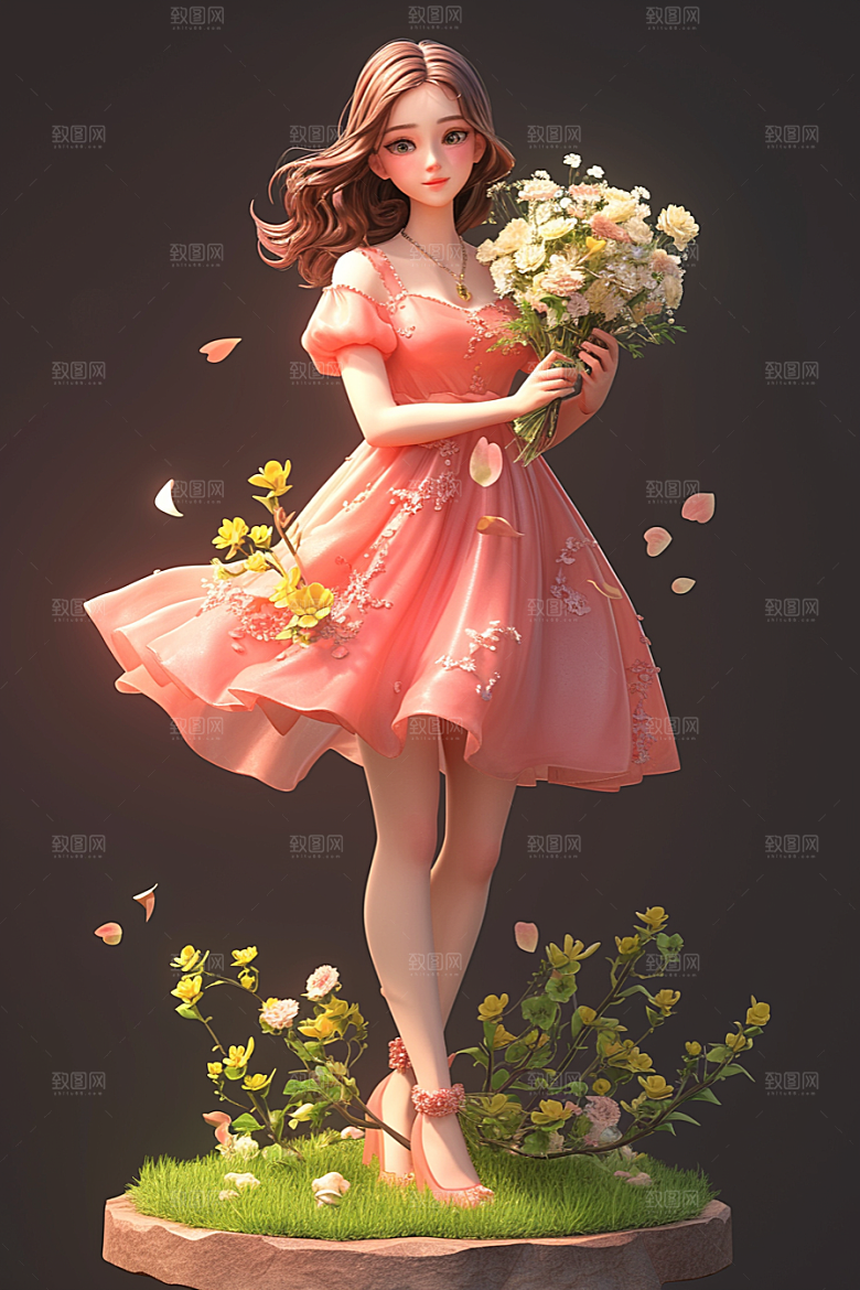 手捧鲜花的少女花朵3D素材