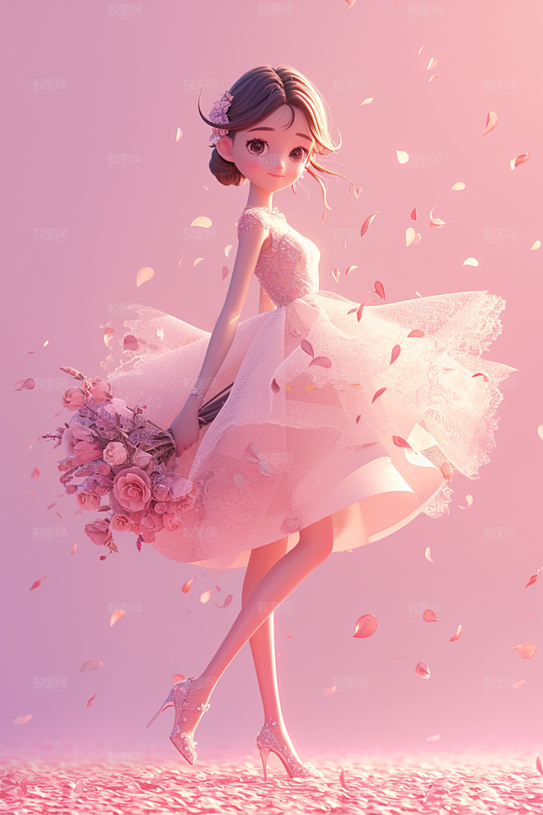 手捧鲜花的少女3D春天素材