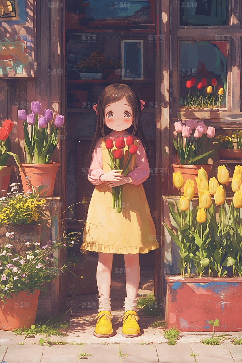 手捧鲜花的少女模型立体素材