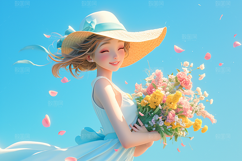 手捧鲜花的少女梦幻3D素材