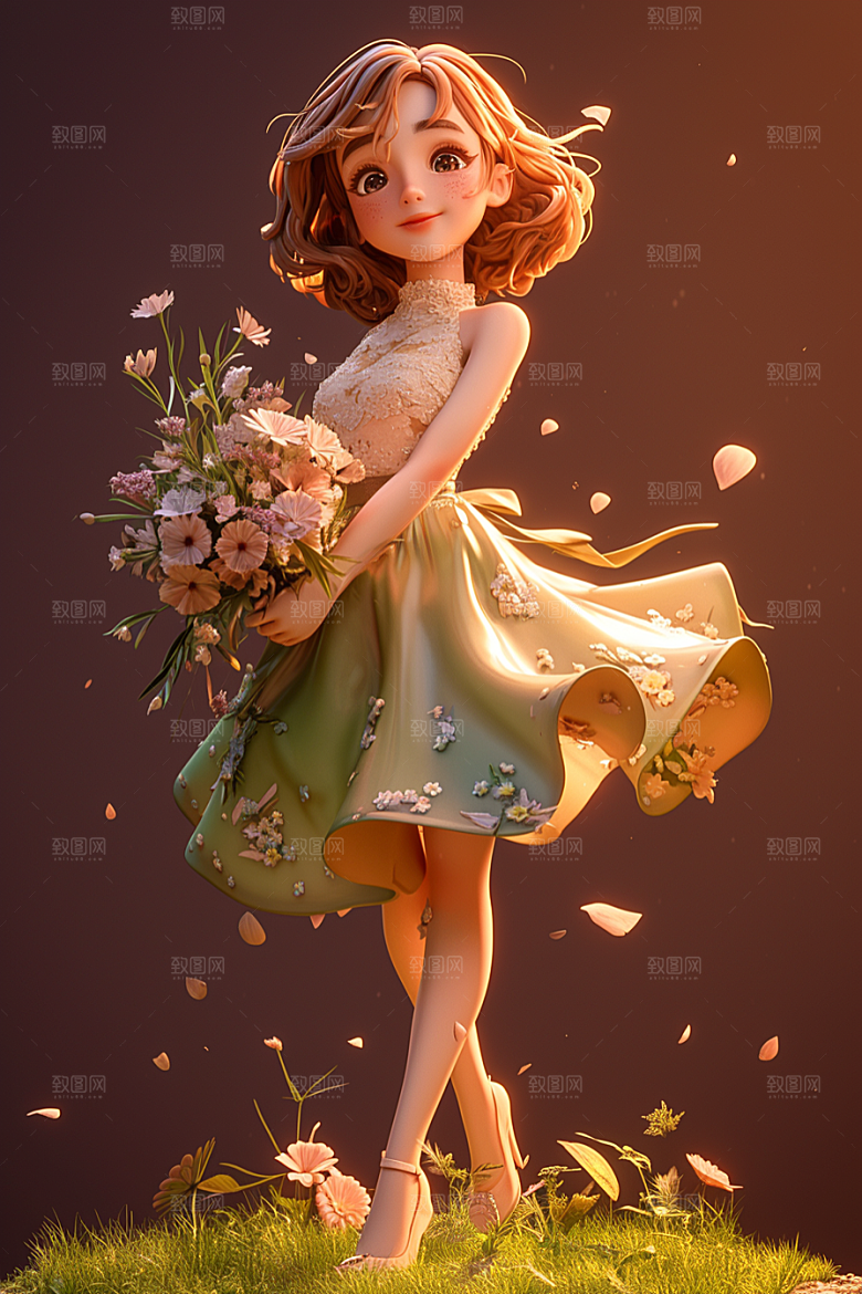 手捧鲜花的少女春天唯美素材