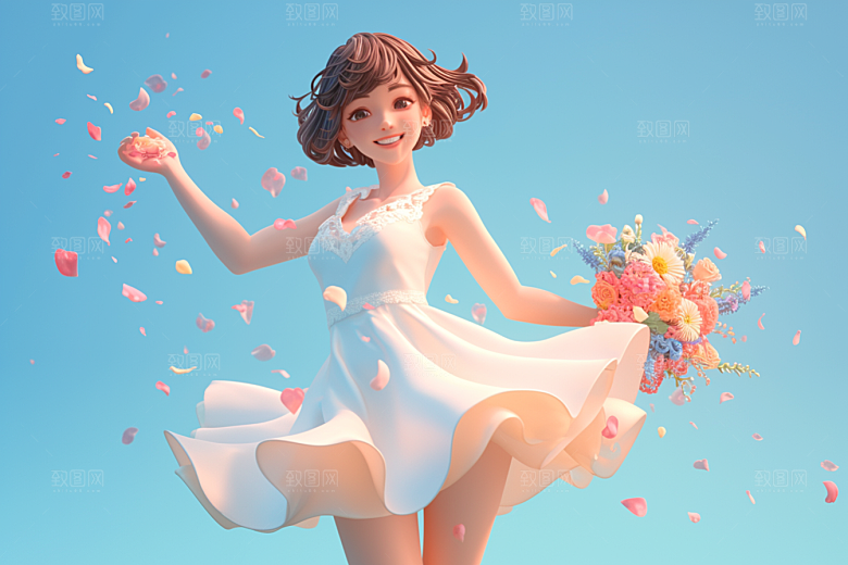 手捧鲜花的少女唯美自然素材