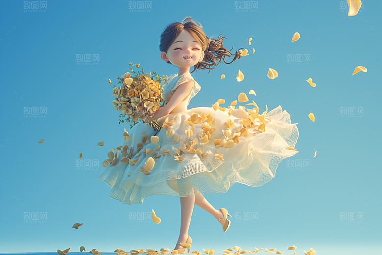手捧鲜花的少女唯美模型素材