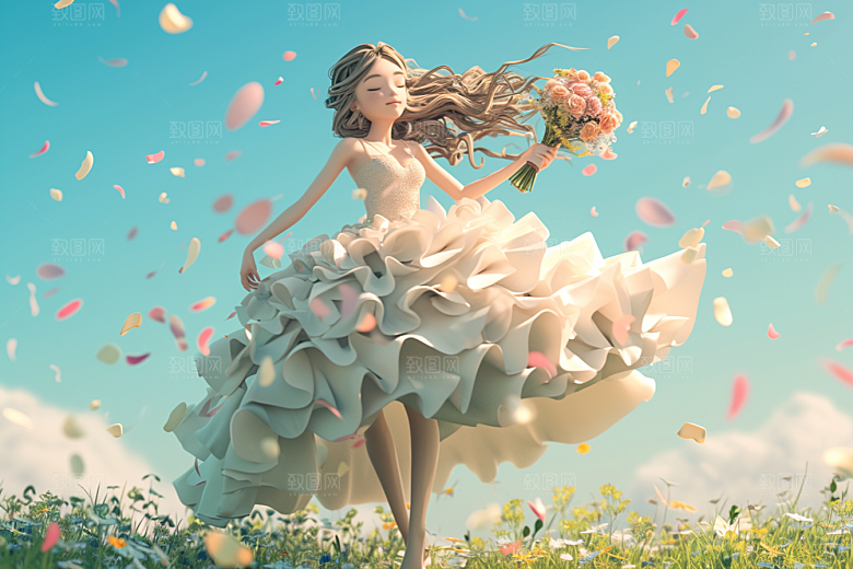 手捧鲜花的少女春天青春素材