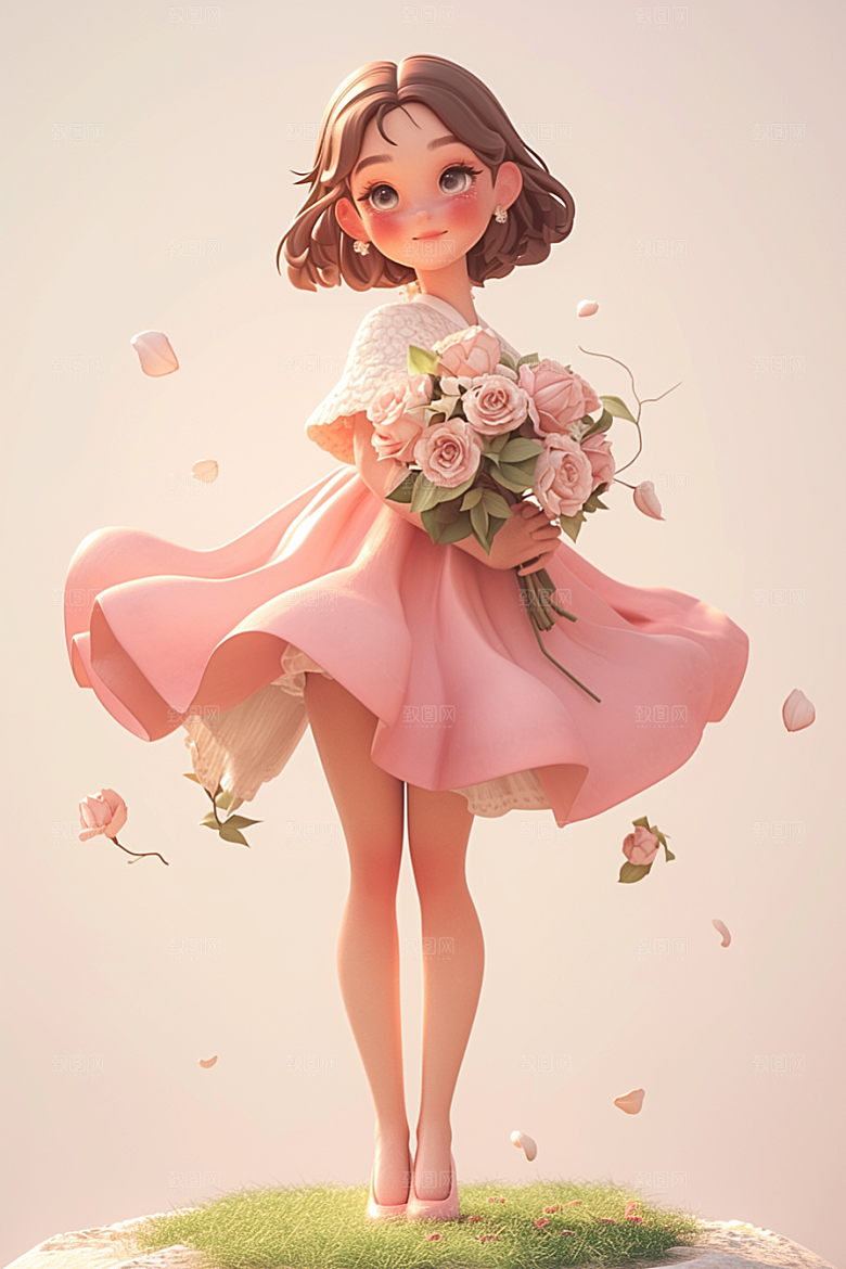 手捧鲜花的少女立体肖像素材
