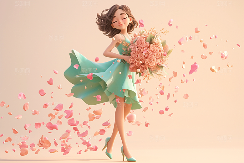 手捧鲜花的少女清新梦幻素材