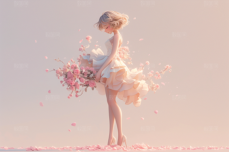 手捧鲜花的少女烂漫花朵素材