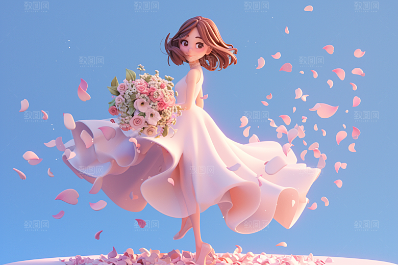 手捧鲜花的少女烂漫模型素材