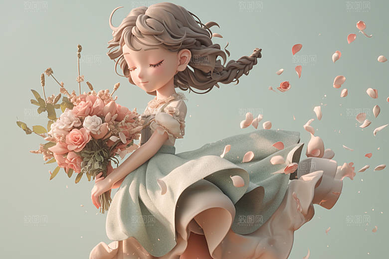 手捧鲜花的少女烂漫立体素材