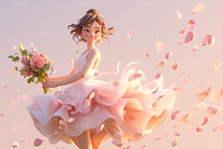 手捧鲜花的少女梦幻肖像素材