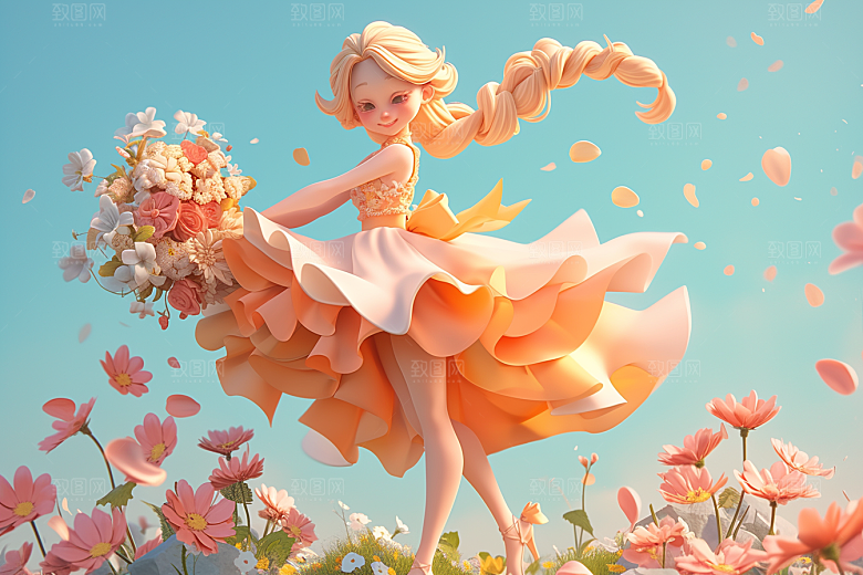 手捧鲜花的少女3D立体素材