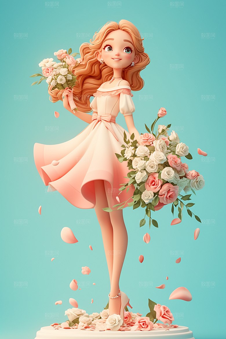 手捧鲜花的少女人物自然素材