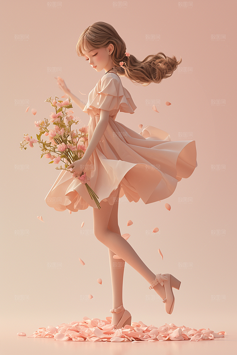 手捧鲜花的少女春天肖像素材