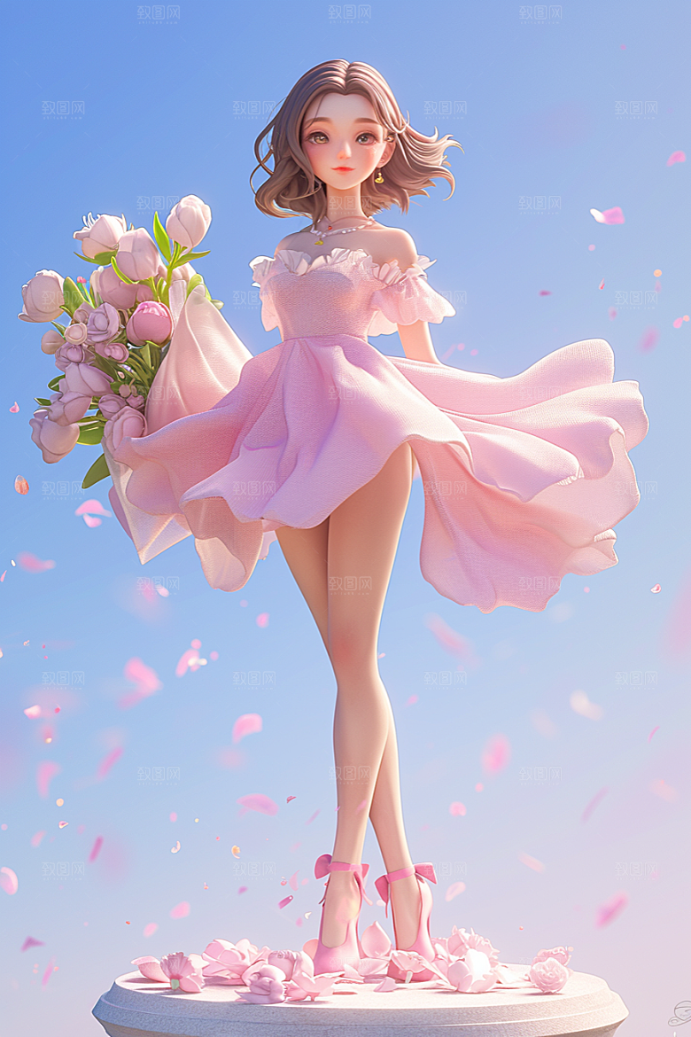 手捧鲜花的少女梦幻模型素材