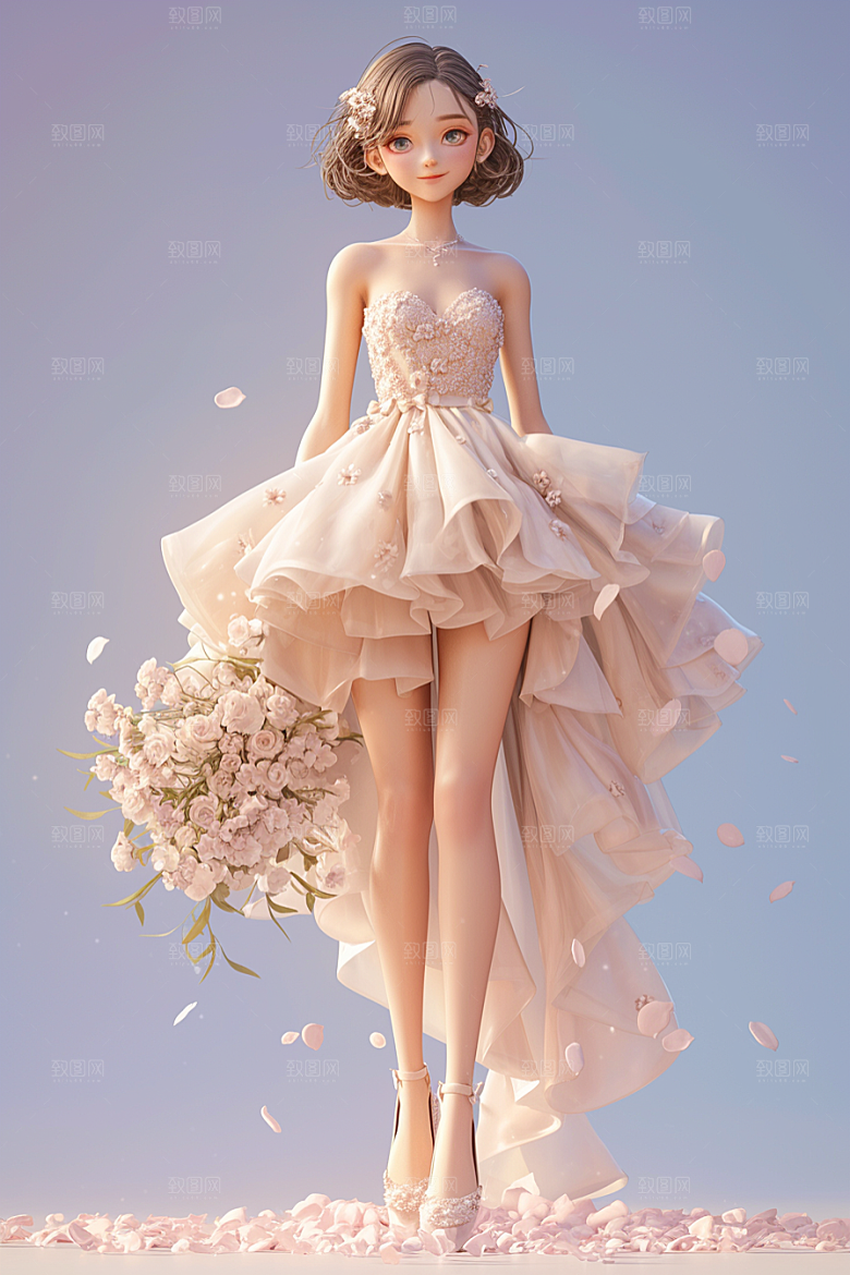 手捧鲜花的少女3D唯美素材