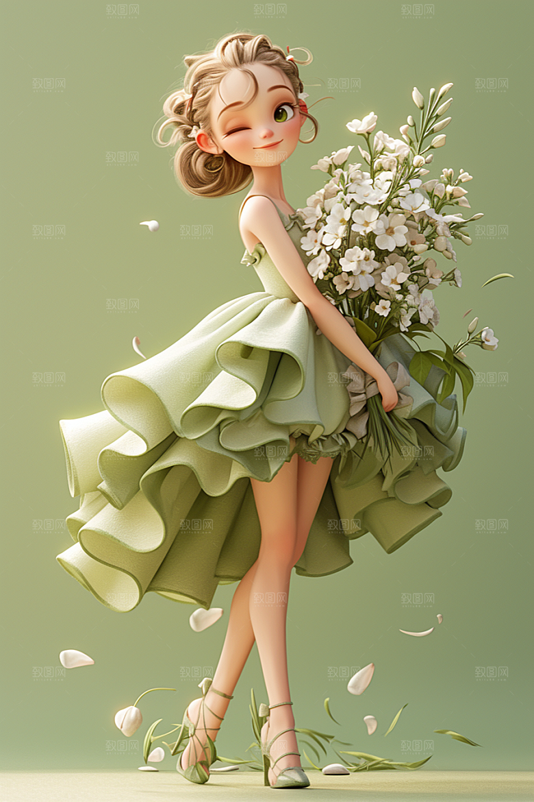 手捧鲜花的少女清新肖像素材