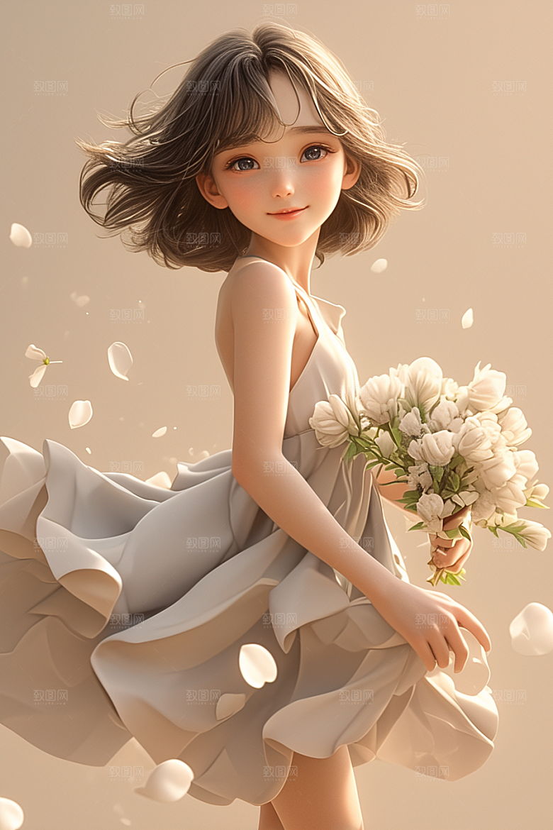 手捧鲜花的少女唯美3D素材