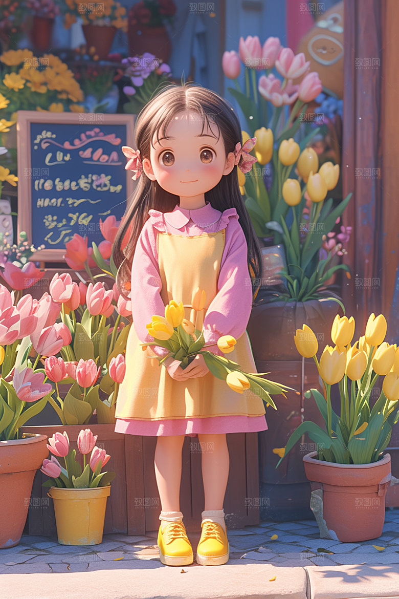 手捧鲜花的少女烂漫梦幻素材