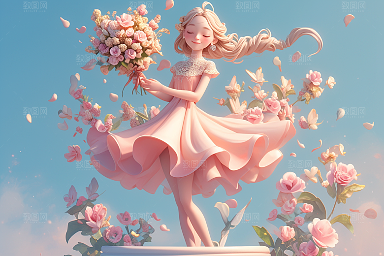 手捧鲜花的少女唯美青春素材