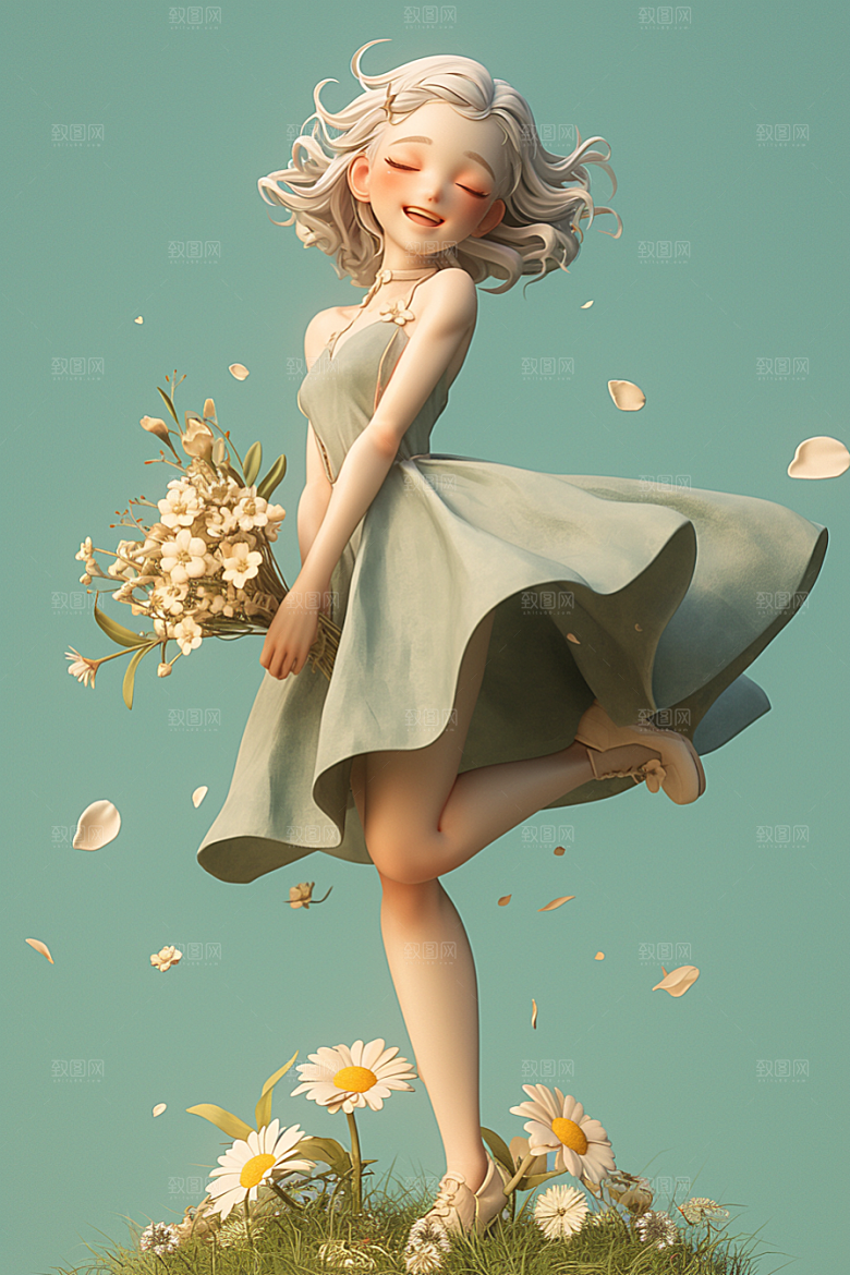 手捧鲜花的少女花朵春天素材
