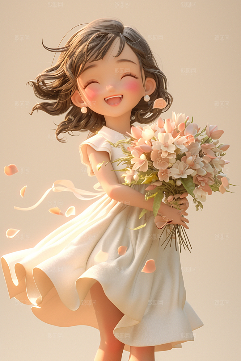 手捧鲜花的少女立体唯美素材