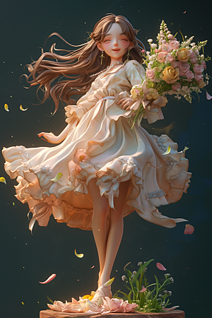 手捧鲜花的少女梦幻花朵素材
