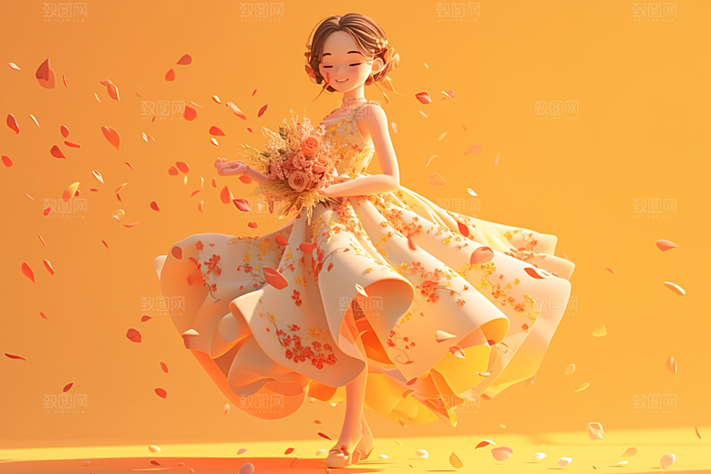 手捧鲜花的少女梦幻青春素材