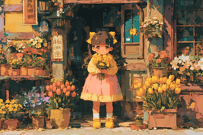 手捧鲜花的少女人物清新素材