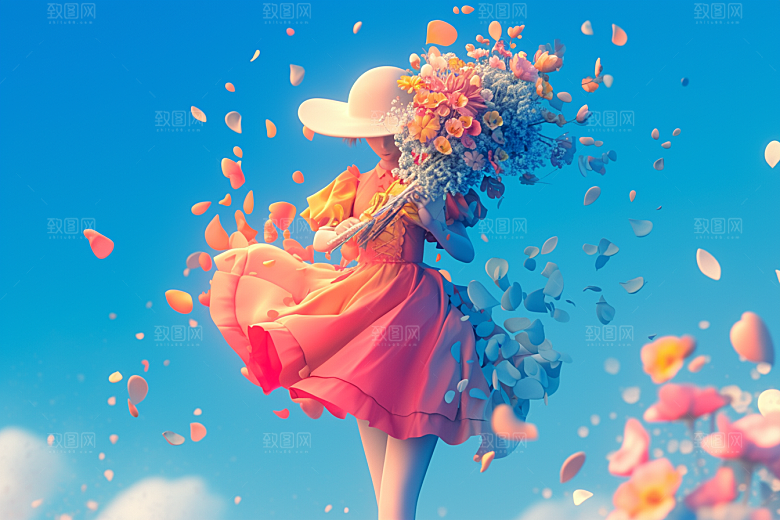手捧鲜花的少女花朵烂漫素材