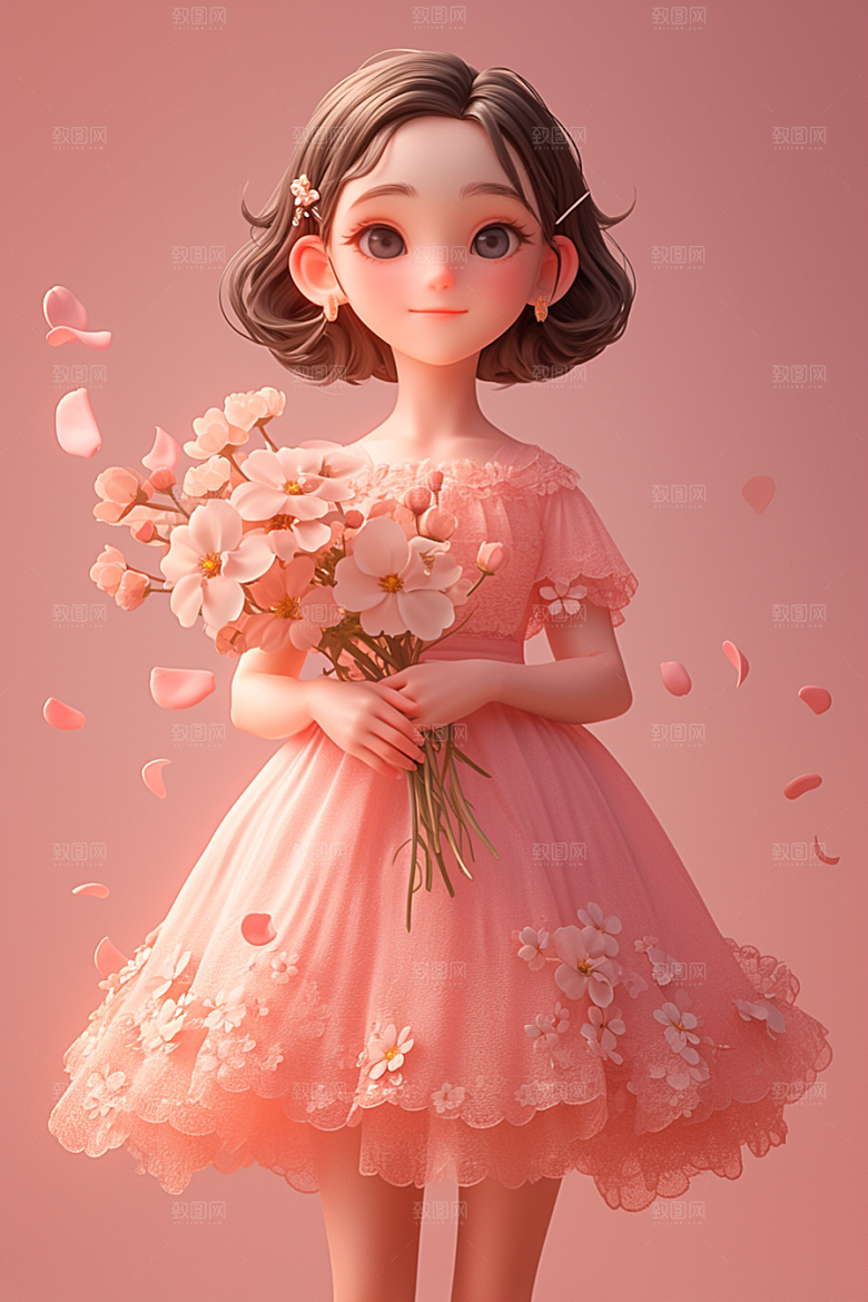 手捧鲜花的少女春天3D素材