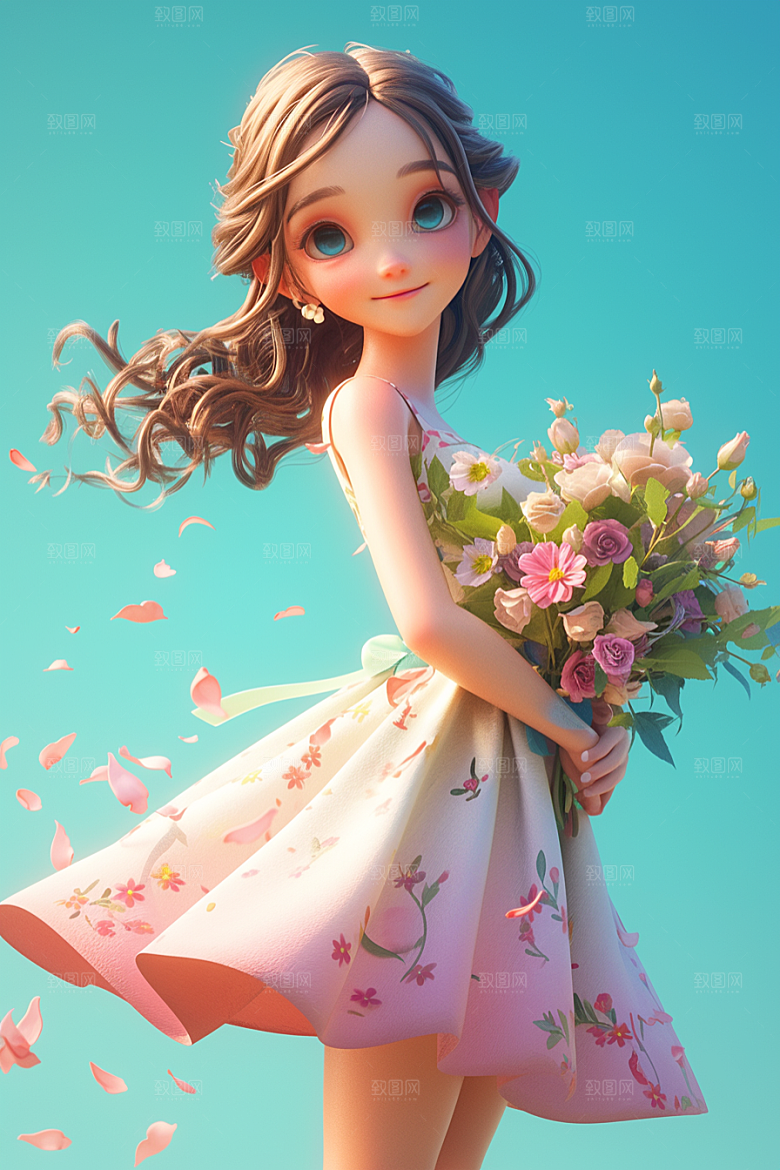 手捧鲜花的少女春天3D素材