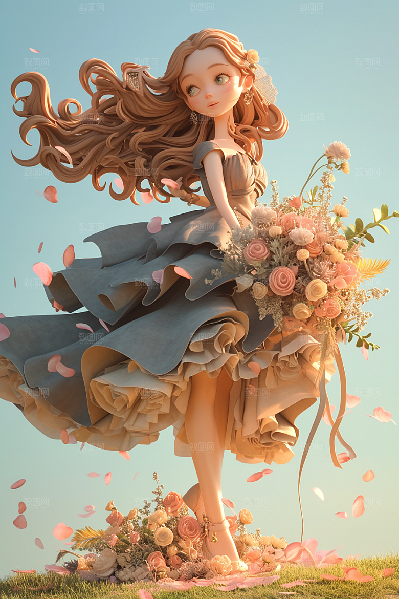 手捧鲜花的少女唯美人物素材