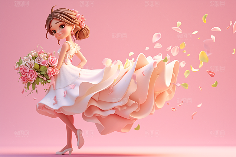 手捧鲜花的少女梦幻花朵素材
