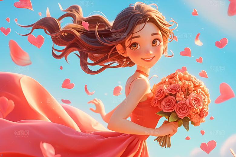 手捧鲜花的少女人物梦幻素材