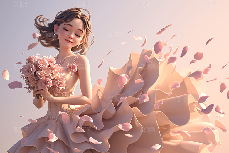 手捧鲜花的少女春天3D素材