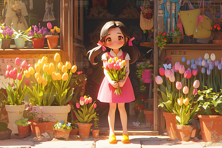 手捧鲜花的少女模型梦幻素材