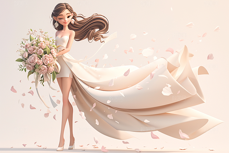 手捧鲜花的少女花朵立体素材