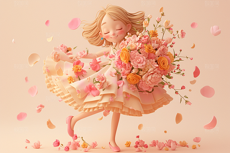 手捧鲜花的少女立体自然素材