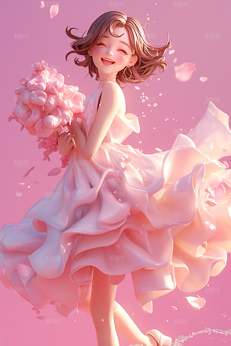 手捧鲜花的少女梦幻模型素材