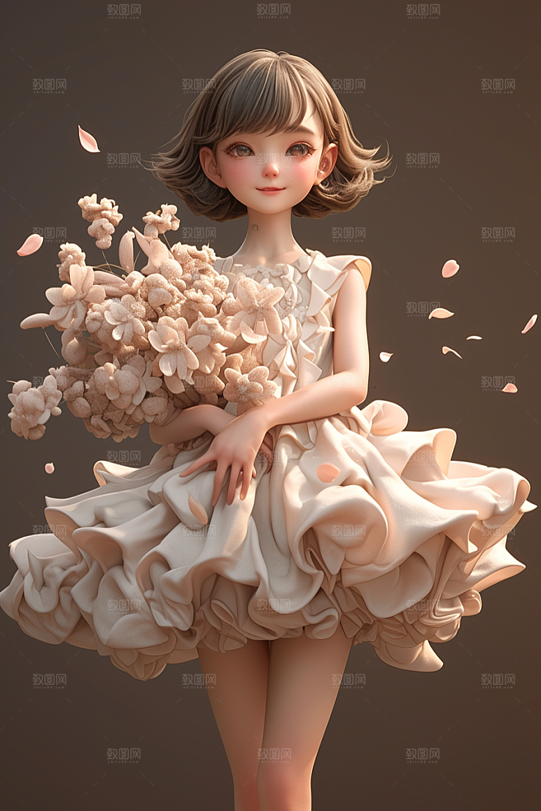 手捧鲜花的少女梦幻3D素材