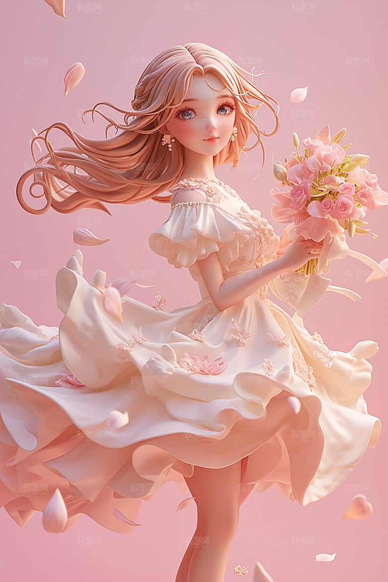 手捧鲜花的少女梦幻肖像素材