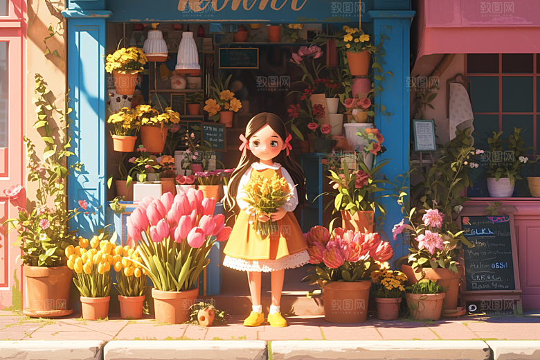 手捧鲜花的少女模型3D素材