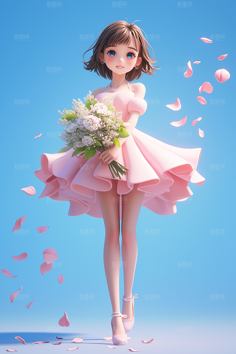 手捧鲜花的少女烂漫立体素材
