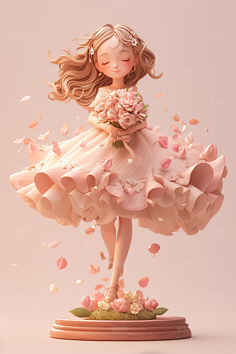 手捧鲜花的少女人物烂漫素材
